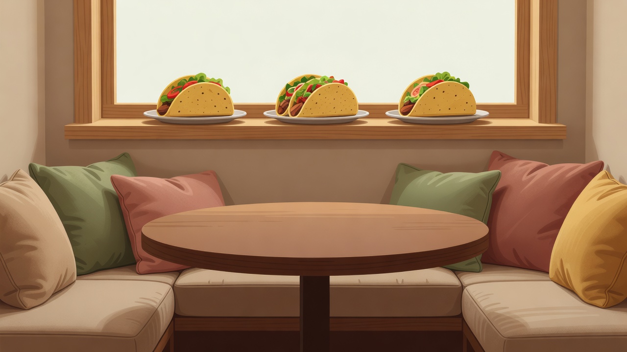 Flat vector eye-level scene of a cosy dining nook with a small round table, a wall bench with cushions and a window ledge holding plates of tacos
