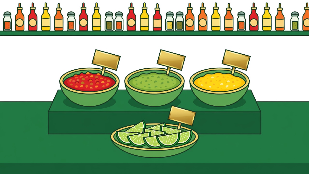 Flat vector eye-level illustration of a tiered condiment station with salsa bowls, lime wedges and brass label cards on a forest-green counter