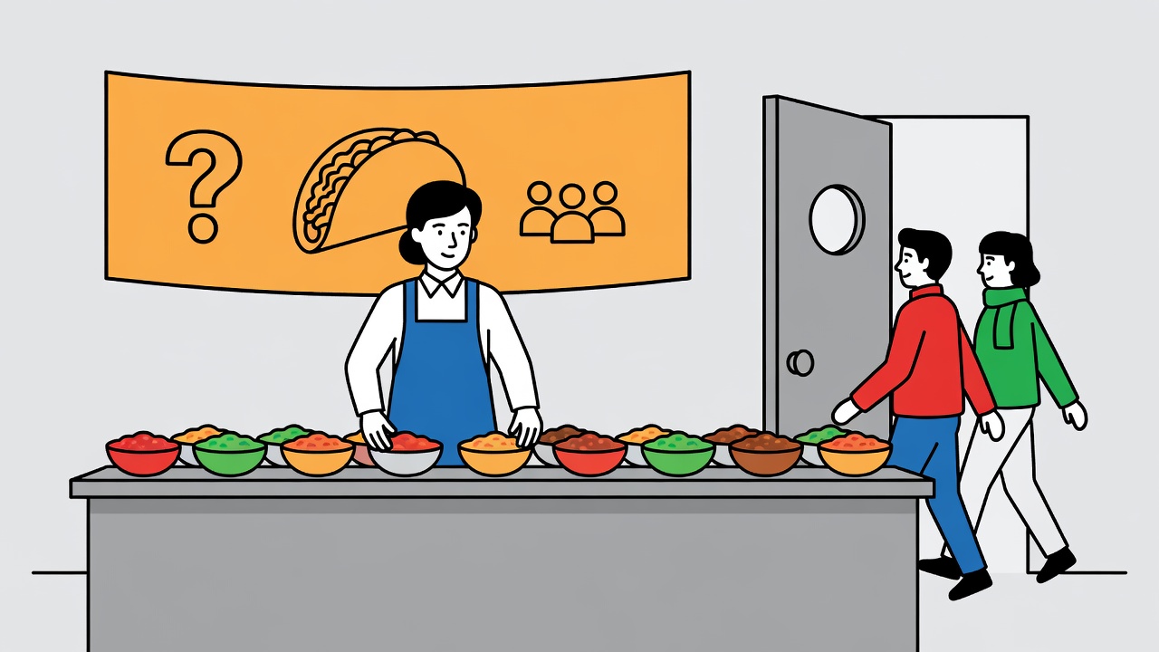 Flat vector illustration of a host setting out labelled salsa bowls on a counter while the first guests arrive through the kitchen door