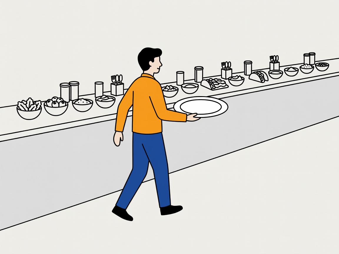 Flat vector eye-level scene of a host walking a taco bar route with an empty plate to test reach and spacing before guests arrive