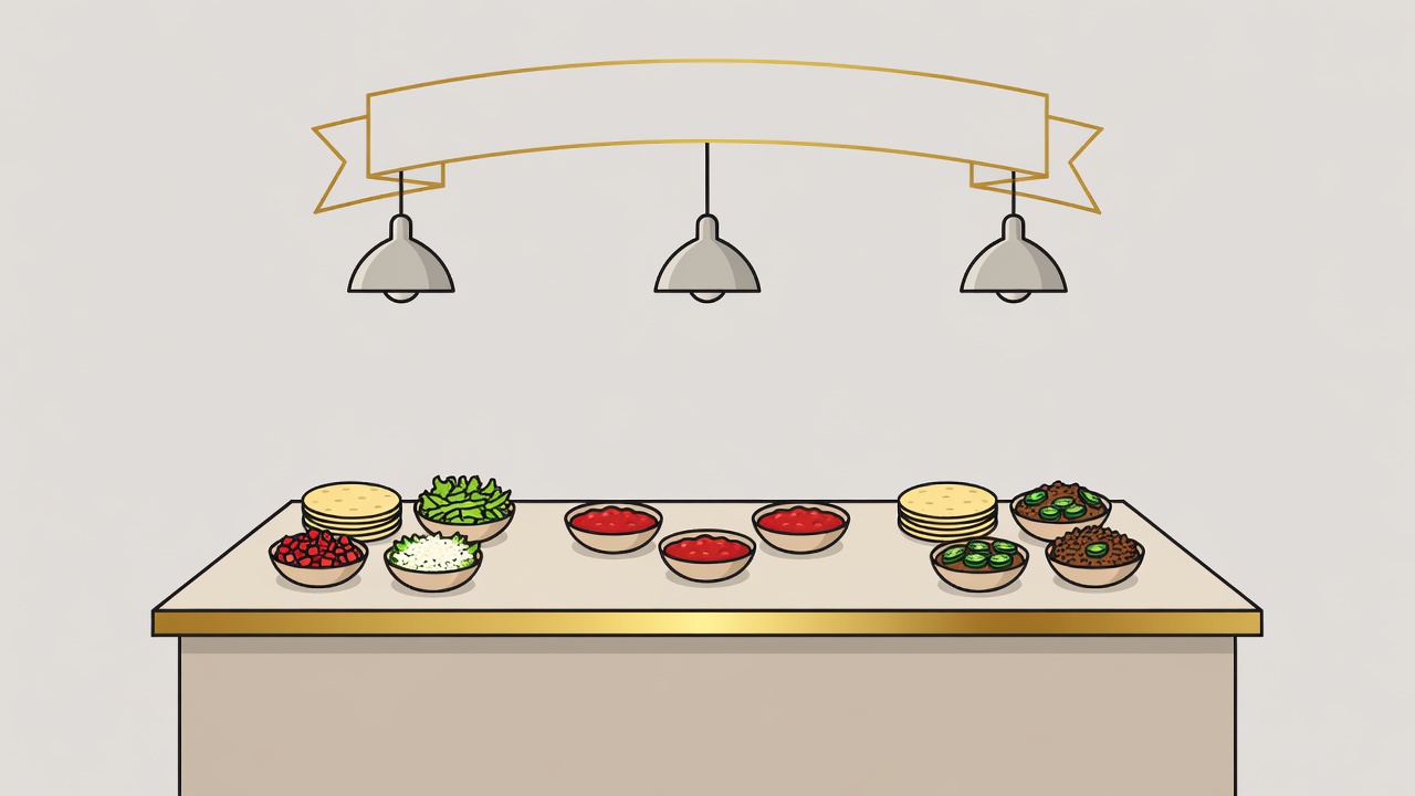 Flat vector eye-level scene of a brass-edged kitchen island under pendant lamps, laid with tortillas, fillings and salsa bowls for guests on both sides