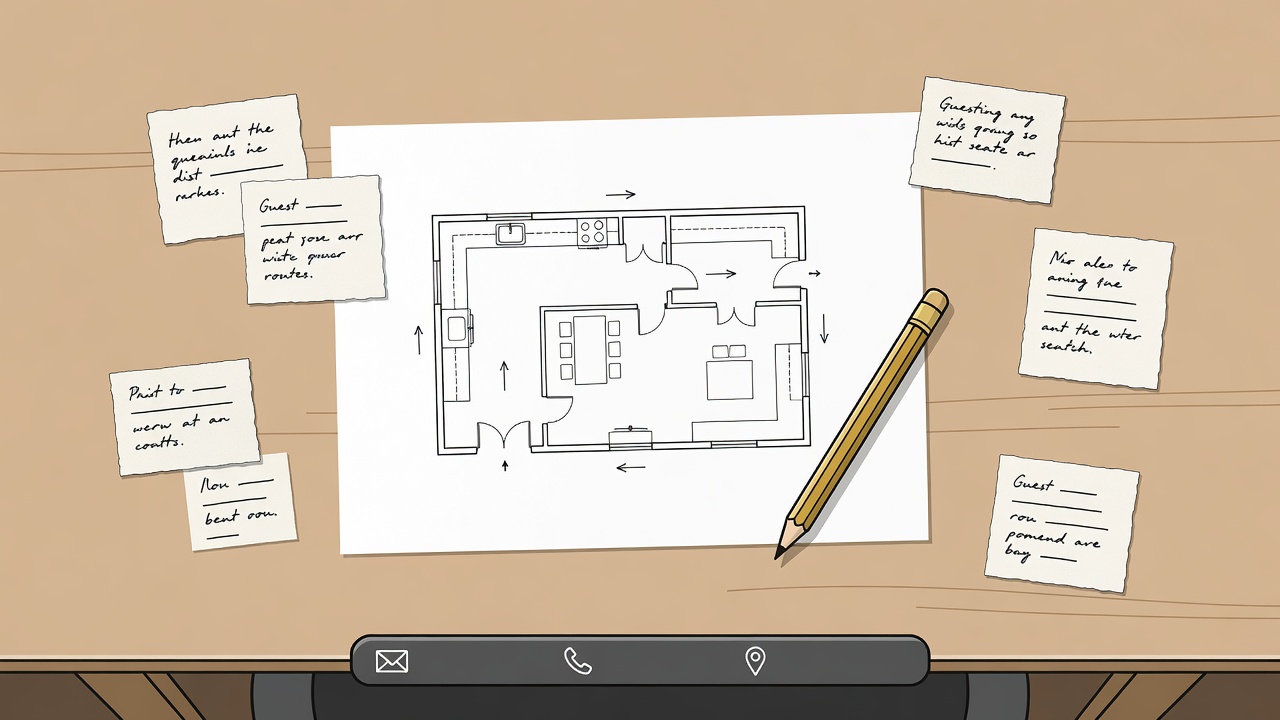 Flat vector illustration of a desk with a sketched kitchen plan, brass pencil and parchment notes about where guests queue and sit