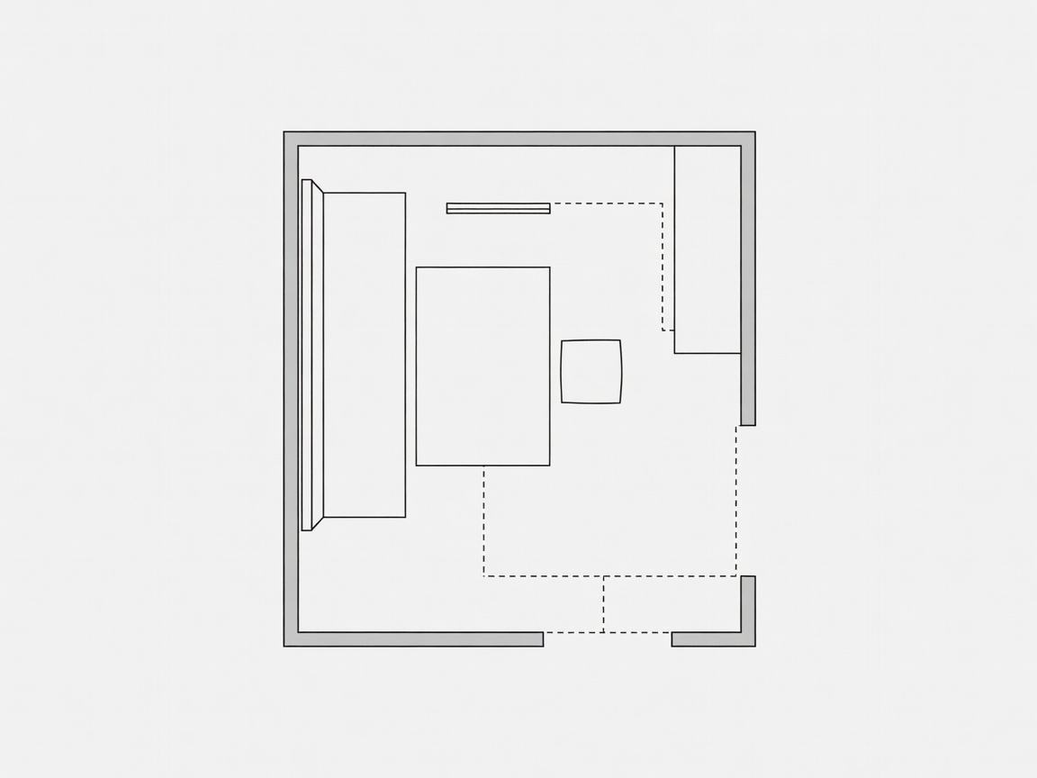 Flat vector overhead plan of a compact dining corner showing a small table, a wall bench, a ledge and borrowed stools, with dashed lines from the serving counter