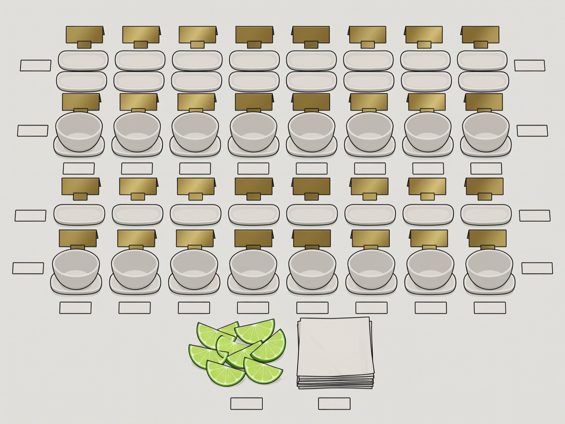 Flat vector overhead plan of condiment bowls arranged in two tiers, each with a spoon rest and a brass tent card, leading towards lime wedges and napkins