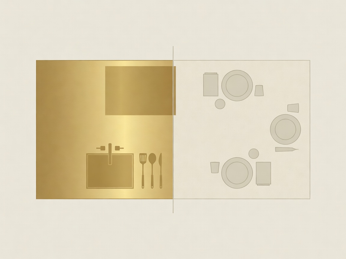 Flat vector overhead plan of a kitchen island divided into a warm brass-toned zone facing the hob and a cool parchment zone facing the dining area