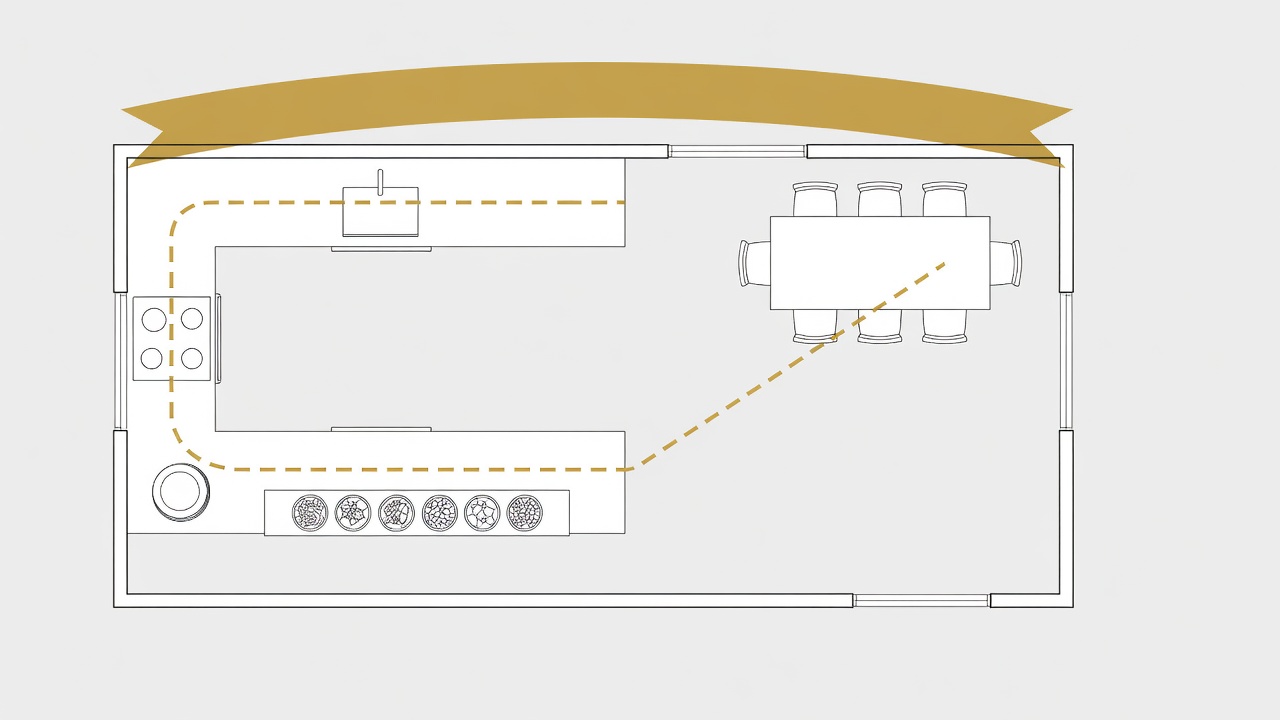 Flat vector overhead plan of a kitchen with a dashed brass line tracing the guest route from a plate stack along the counter to the dining table