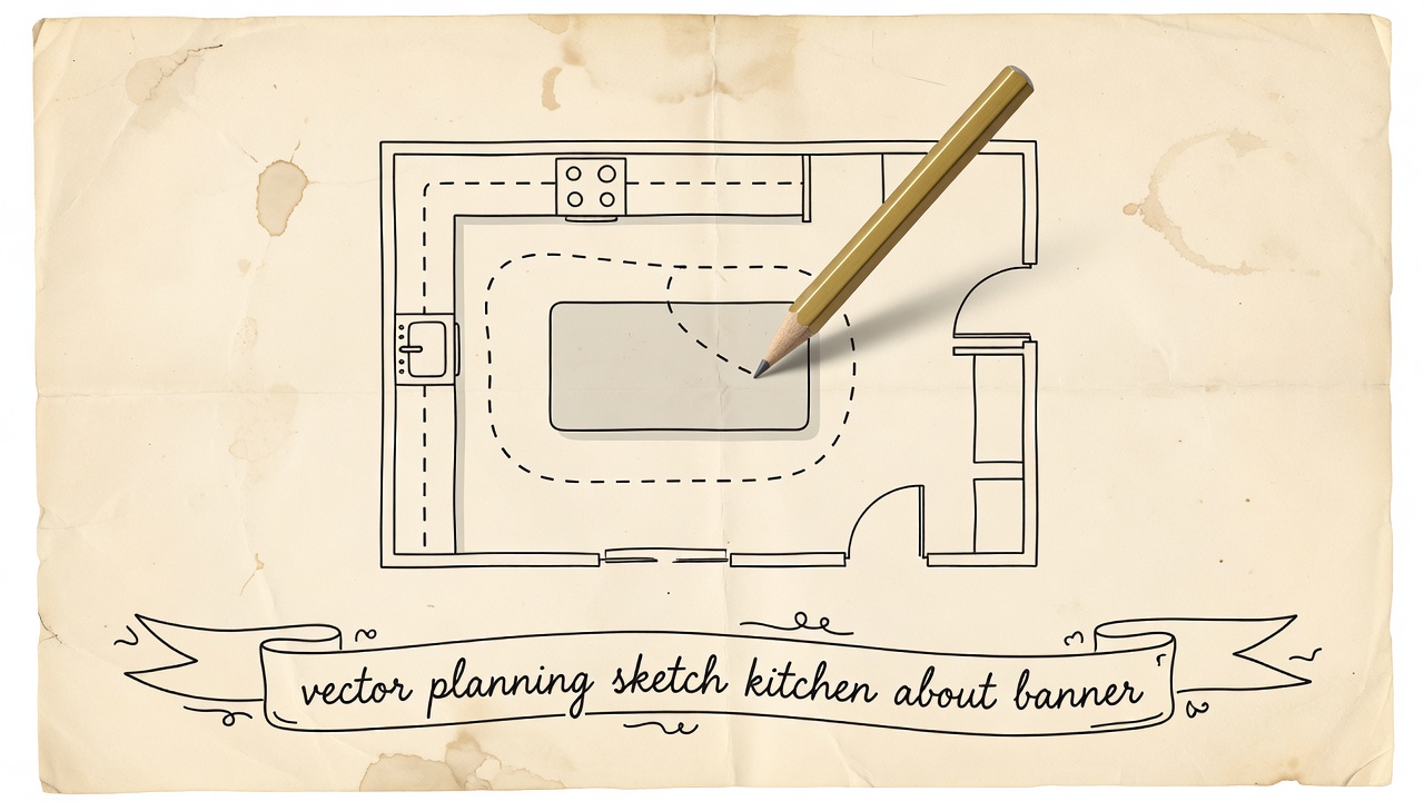 Flat vector illustration of a hand-drawn kitchen floor plan on parchment with a brass pencil tracing a guest route around an island